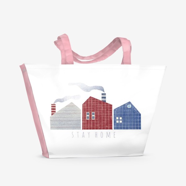 Пляжная сумка &laquo;Акварельная нарисованная вручную яркая иллюстрация с скандинавскими стильными милыми домиками. Дым. Оставайтесь дома&raquo;