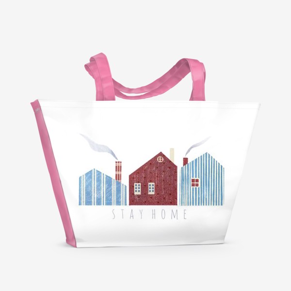 Пляжная сумка «Акварельная нарисованная вручную яркая иллюстрация с скандинавскими стильными милыми домиками. Дым. Оставайтесь дома»