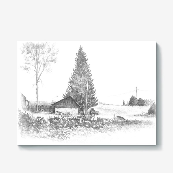 Холст «Нарисованная вручную карандашом иллюстрация с деревенским пейзажем. Графика, ель, деревянный домик, трактор, поле, забор»