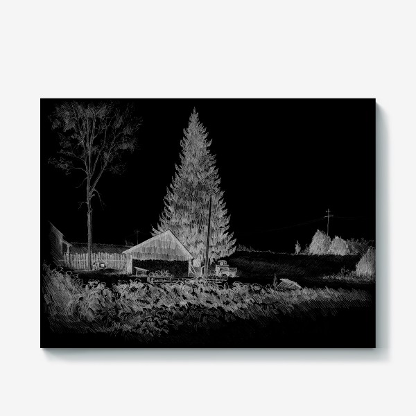 Холст &laquo;Нарисованная вручную карандашом иллюстрация, деревенский пейзаж. Графика, ель, деревянная изба, поле, забор, черный фон&raquo;
