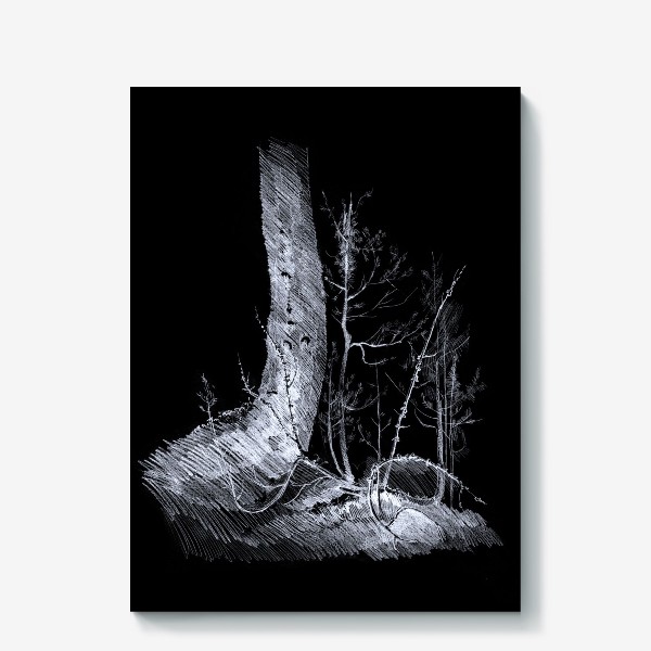 Холст «Нарисованная вручную карандашом лесная иллюстрация, ствол дерева. куст можжевельника, ветки, корни, кочка. Черный фон»