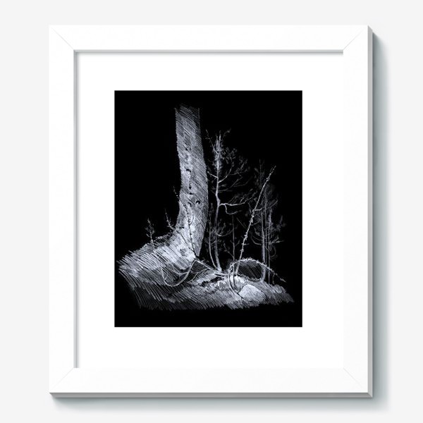 Картина «Нарисованная вручную карандашом лесная иллюстрация, ствол дерева. куст можжевельника, ветки, корни, кочка. Черный фон»