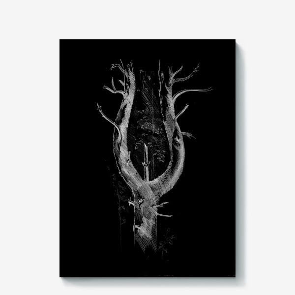 Холст &laquo;Нарисованная вручную карандашом лесная иллюстрация, раздвоенный ствол дерева, сосна, кора. Черный фон&raquo;