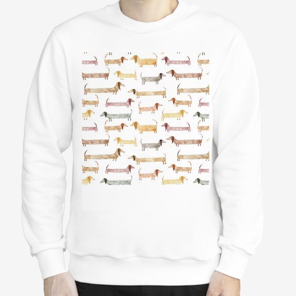 Свитшот «Акварельный нарисованный вручную бесшовный фон с яркими иллюстрациями собак такс»