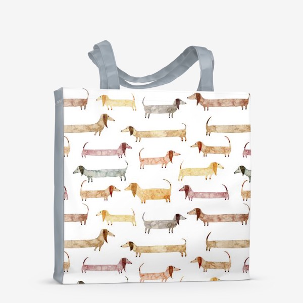 Сумка-шоппер «Акварельный нарисованный вручную бесшовный фон с яркими иллюстрациями собак такс»