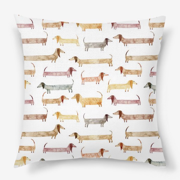 Подушка &laquo;Акварельный нарисованный вручную бесшовный фон с яркими иллюстрациями собак такс&raquo;