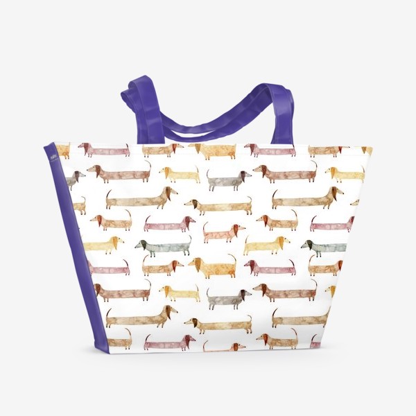 Пляжная сумка &laquo;Акварельный нарисованный вручную бесшовный фон с яркими иллюстрациями собак такс&raquo;