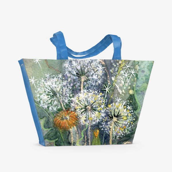 Пляжная сумка &laquo;Акварельная нарисованная вручную яркая иллюстрация с летним полевым букетом с одуванчиками&raquo;