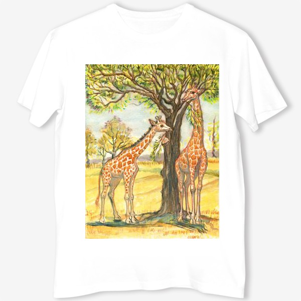 Футболка &laquo;Акварельная нарисованная вручную яркая иллюстрация с жирафами в Африке. Животные в пустыне, деревья, пастель&raquo;