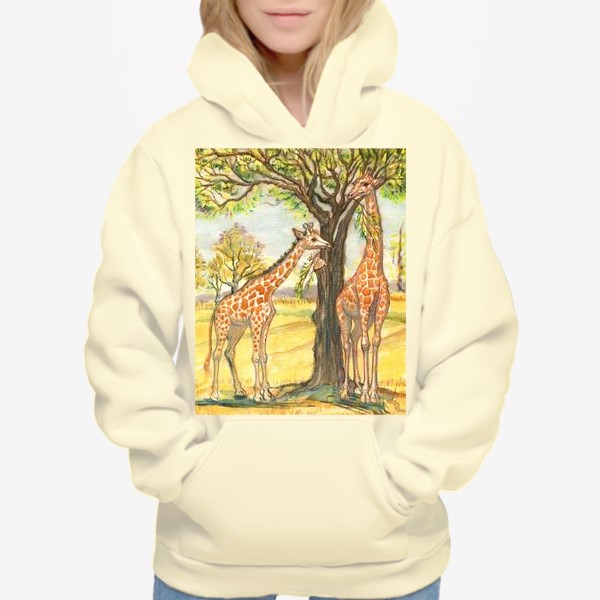 Худи &laquo;Акварельная нарисованная вручную яркая иллюстрация с жирафами в Африке. Животные в пустыне, деревья, пастель&raquo;