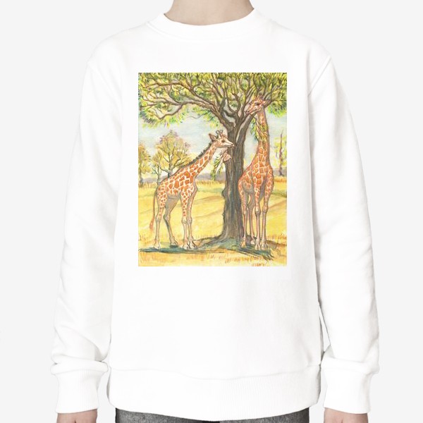 Свитшот &laquo;Акварельная нарисованная вручную яркая иллюстрация с жирафами в Африке. Животные в пустыне, деревья, пастель&raquo;