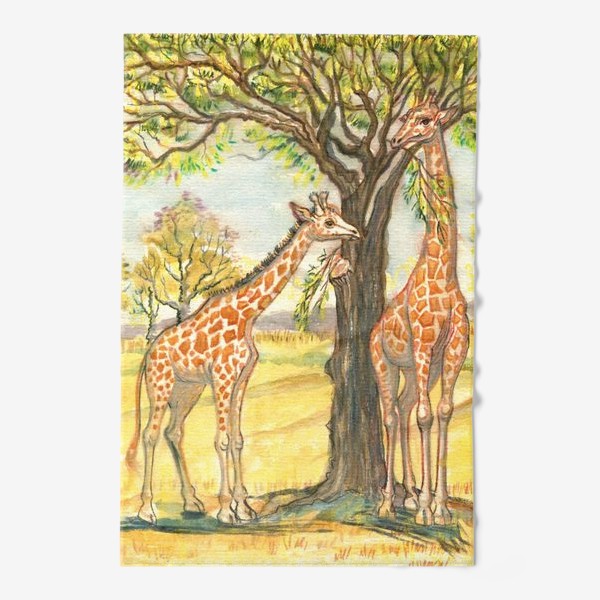 Полотенце &laquo;Акварельная нарисованная вручную яркая иллюстрация с жирафами в Африке. Животные в пустыне, деревья, пастель&raquo;