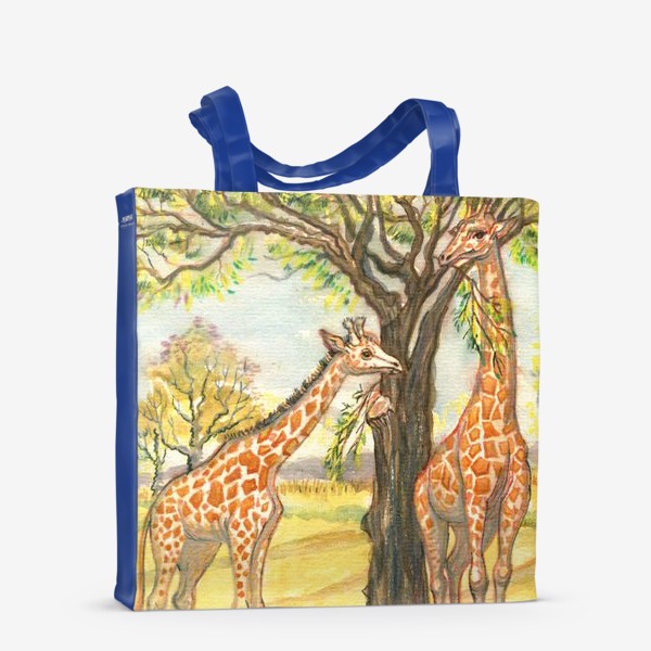 Сумка-шоппер «Акварельная нарисованная вручную яркая иллюстрация с жирафами в Африке. Животные в пустыне, деревья, пастель»