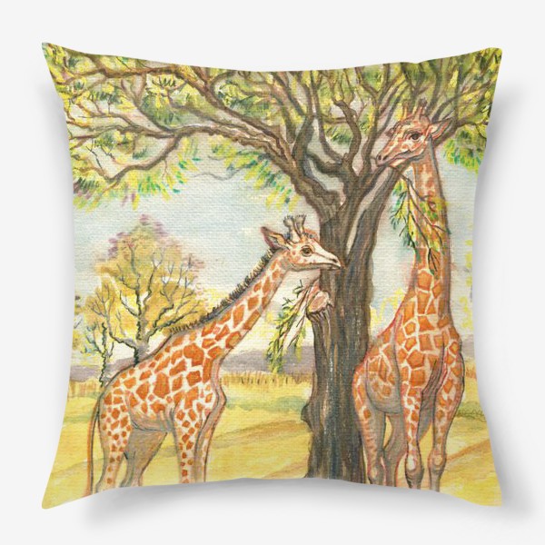 Подушка &laquo;Акварельная нарисованная вручную яркая иллюстрация с жирафами в Африке. Животные в пустыне, деревья, пастель&raquo;