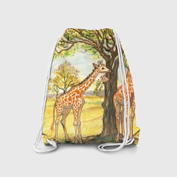 Рюкзак «Акварельная нарисованная вручную яркая иллюстрация с жирафами в Африке. Животные в пустыне, деревья, пастель»