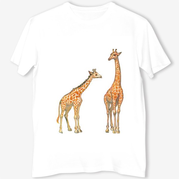Футболка «Акварельная нарисованная вручную яркая иллюстрация с жирафами в Африке. Животные пустыни, мама и малыш, пастель»