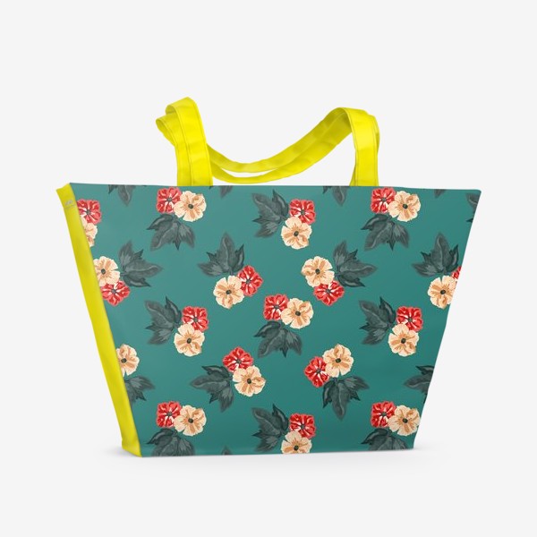 Пляжная сумка «Красные и бежевые цветы. Цветочный винтажный принт.»