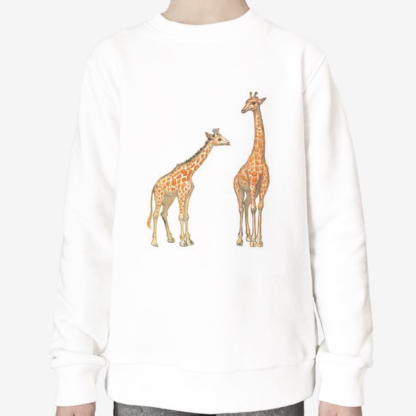 Свитшот «Акварельная нарисованная вручную яркая иллюстрация с жирафами в Африке. Животные пустыни, мама и малыш, пастель»