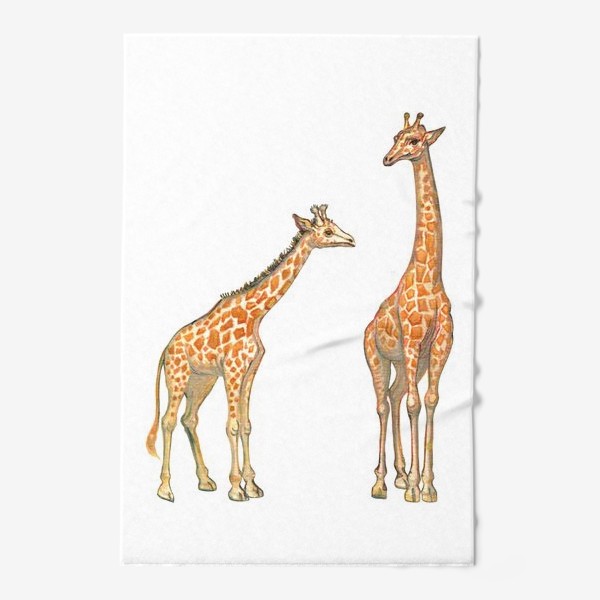 Полотенце &laquo;Акварельная нарисованная вручную яркая иллюстрация с жирафами в Африке. Животные пустыни, мама и малыш, пастель&raquo;