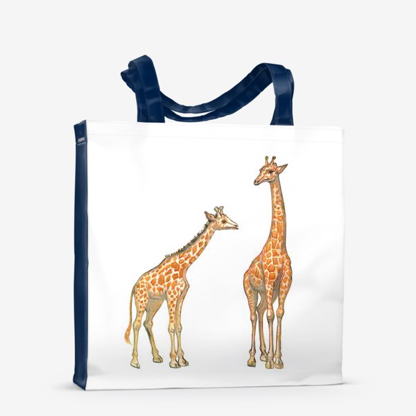 Сумка-шоппер &laquo;Акварельная нарисованная вручную яркая иллюстрация с жирафами в Африке. Животные пустыни, мама и малыш, пастель&raquo;