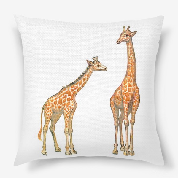 Подушка «Акварельная нарисованная вручную яркая иллюстрация с жирафами в Африке. Животные пустыни, мама и малыш, пастель»
