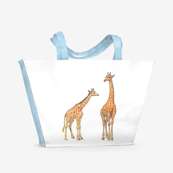 Пляжная сумка &laquo;Акварельная нарисованная вручную яркая иллюстрация с жирафами в Африке. Животные пустыни, мама и малыш, пастель&raquo;