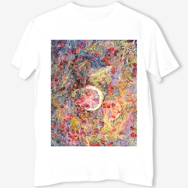 Футболка &laquo;Акварельная нарисованная вручную яркая иллюстрация. Лимон, еловые ветки, красные ягоды, лесной чай&raquo;