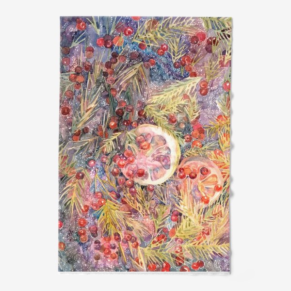 Полотенце &laquo;Акварельная нарисованная вручную яркая иллюстрация. Лимон, еловые ветки, красные ягоды, лесной чай&raquo;