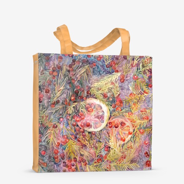 Сумка-шоппер &laquo;Акварельная нарисованная вручную яркая иллюстрация. Лимон, еловые ветки, красные ягоды, лесной чай&raquo;