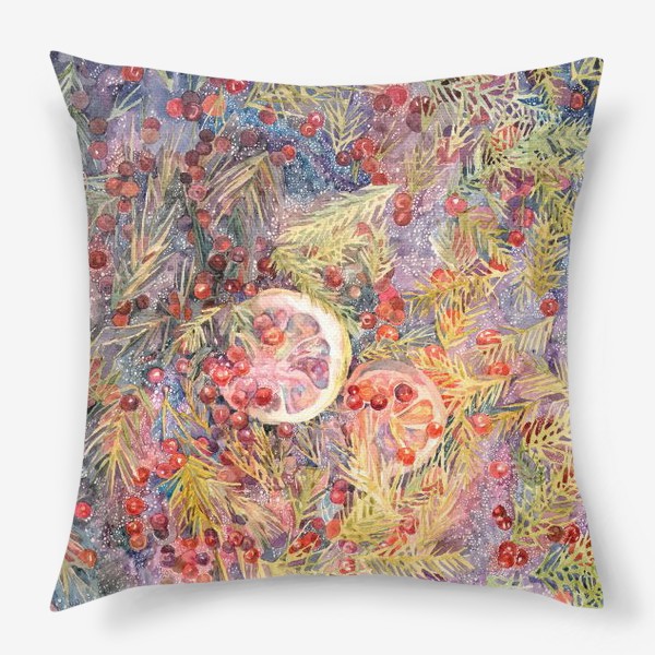 Подушка «Акварельная нарисованная вручную яркая иллюстрация. Лимон, еловые ветки, красные ягоды, лесной чай»