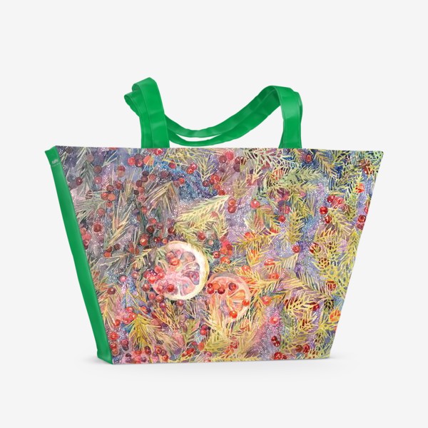Пляжная сумка &laquo;Акварельная нарисованная вручную яркая иллюстрация. Лимон, еловые ветки, красные ягоды, лесной чай&raquo;