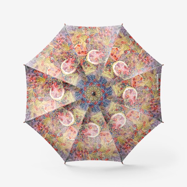 Зонт «Акварельная нарисованная вручную яркая иллюстрация. Лимон, еловые ветки, красные ягоды, лесной чай»