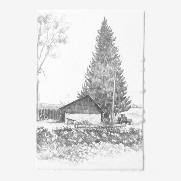 Полотенце &laquo;Нарисованная вручную карандашом иллюстрация с деревенским пейзажем. Графика, ель, деревянный домик, трактор, поле, забор&raquo;