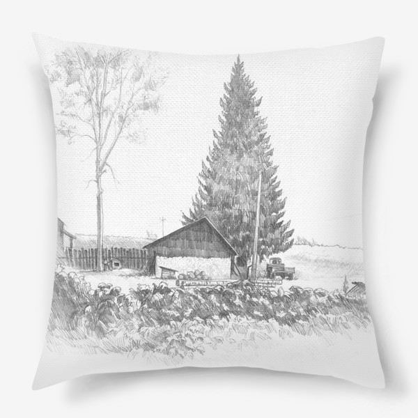 Подушка &laquo;Нарисованная вручную карандашом иллюстрация с деревенским пейзажем. Графика, ель, деревянный домик, трактор, поле, забор&raquo;