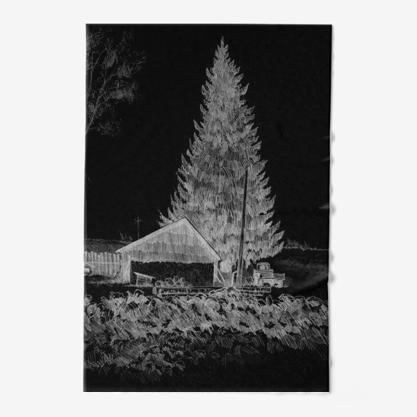 Полотенце &laquo;Нарисованная вручную карандашом иллюстрация, деревенский пейзаж. Графика, ель, деревянная изба, поле, забор, черный фон&raquo;
