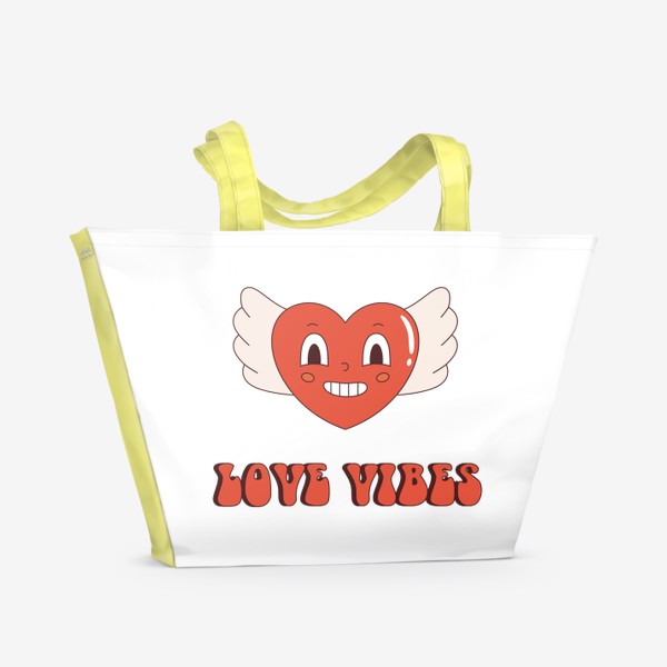 Пляжная сумка «Love vibes. Принт с забавным летающем сердцем. Любовь. Ретро сердце с крыльями на 14 февраля День Святого Валентина.»