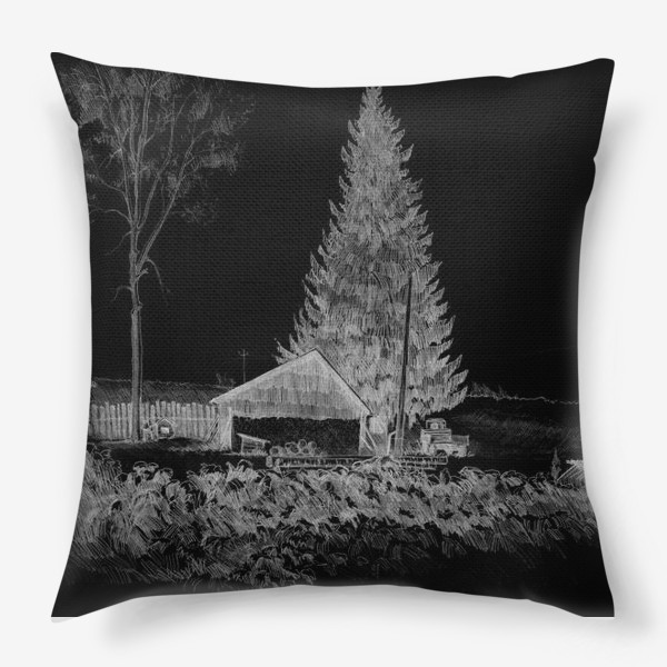 Подушка «Нарисованная вручную карандашом иллюстрация, деревенский пейзаж. Графика, ель, деревянная изба, поле, забор, черный фон»
