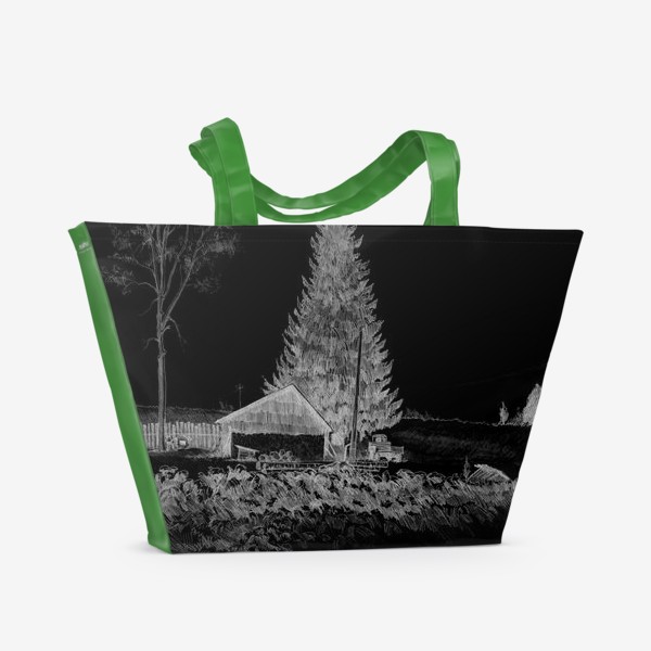 Пляжная сумка &laquo;Нарисованная вручную карандашом иллюстрация, деревенский пейзаж. Графика, ель, деревянная изба, поле, забор, черный фон&raquo;