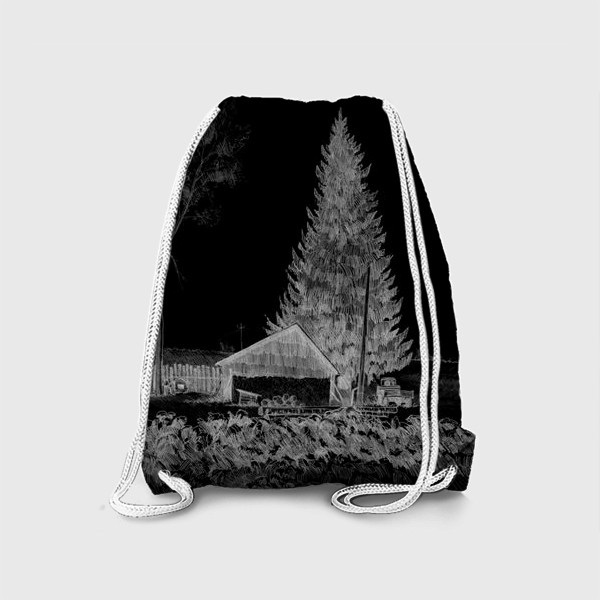 Рюкзак &laquo;Нарисованная вручную карандашом иллюстрация, деревенский пейзаж. Графика, ель, деревянная изба, поле, забор, черный фон&raquo;