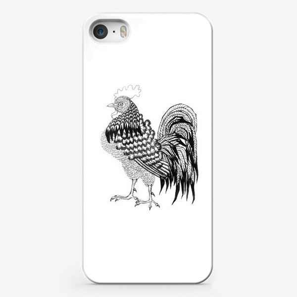 Чехол iPhone «Нарисованная вручную черно-белая иллюстрация с декоративным петухом»