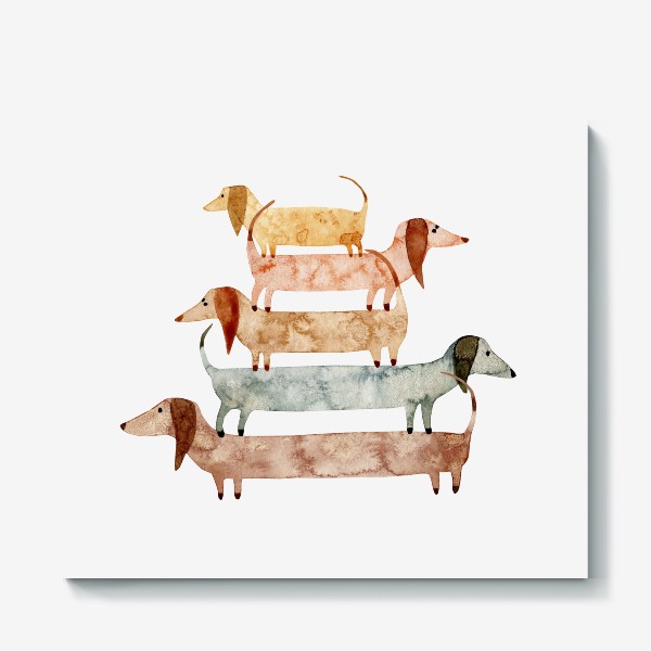 Холст &laquo;Акварельная нарисованная вручную яркая иллюстрация с собачками таксами стоящими друг на друге&raquo;