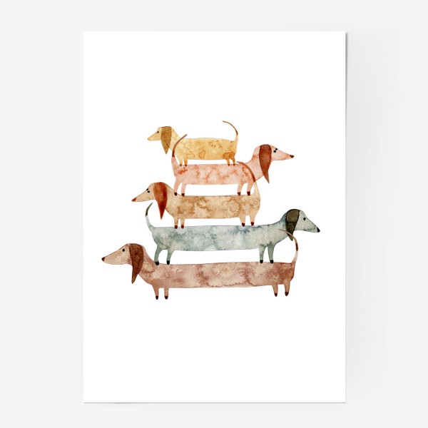 Постер «Акварельная нарисованная вручную яркая иллюстрация с собачками таксами стоящими друг на друге»
