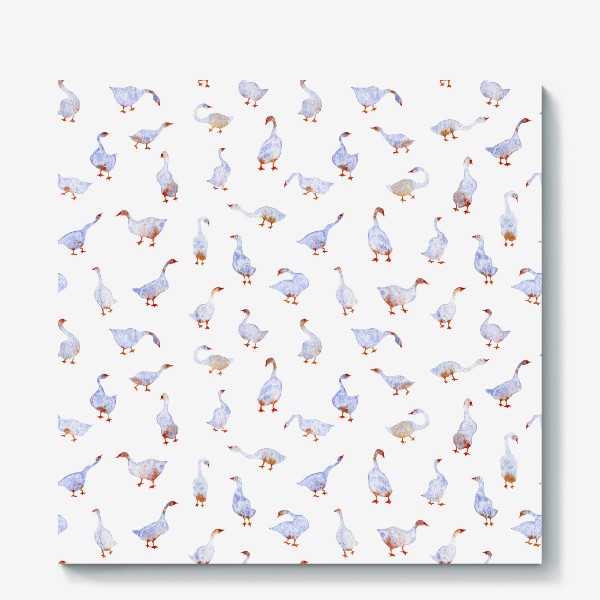 Холст «Акварельный нарисованный вручную бесшовный фон с яркими иллюстрациями голубых гусей, лебедей с красными лапами. Птицы»