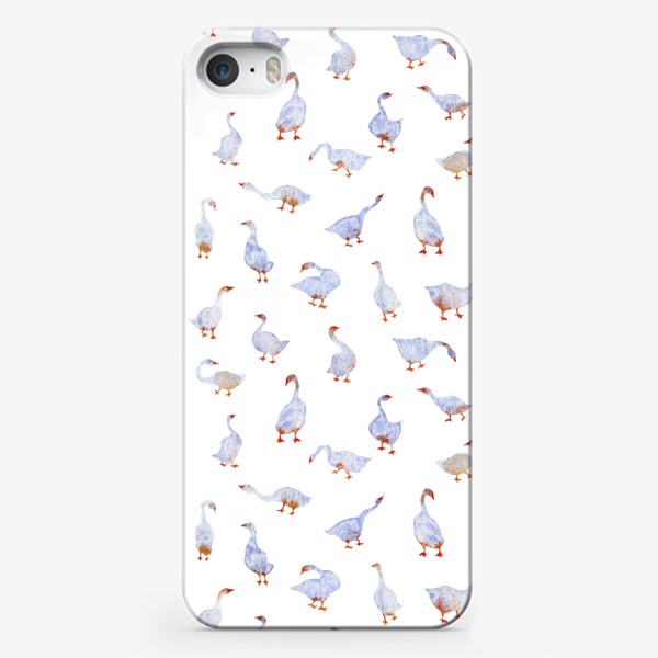 Чехол iPhone «Акварельный нарисованный вручную бесшовный фон с яркими иллюстрациями голубых гусей, лебедей с красными лапами. Птицы»