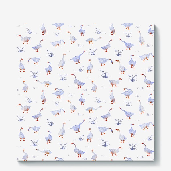 Холст &laquo;Акварельный нарисованный вручную бесшовный фон с яркими иллюстрациями голубых гусей, лебедей с красными лапами. Птицы&raquo;