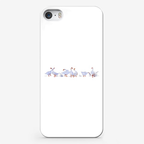 Чехол iPhone «Акварельная нарисованная вручную яркая иллюстрация с голубыми гусями, лебедями с красными лапами. Птицы в траве»