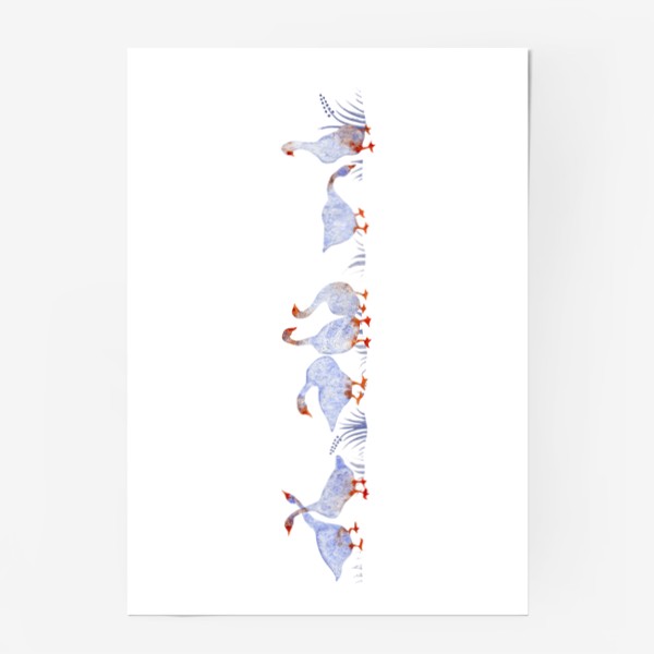 Постер «Акварельная нарисованная вручную яркая иллюстрация с голубыми гусями, лебедями с красными лапами. Птицы в траве»