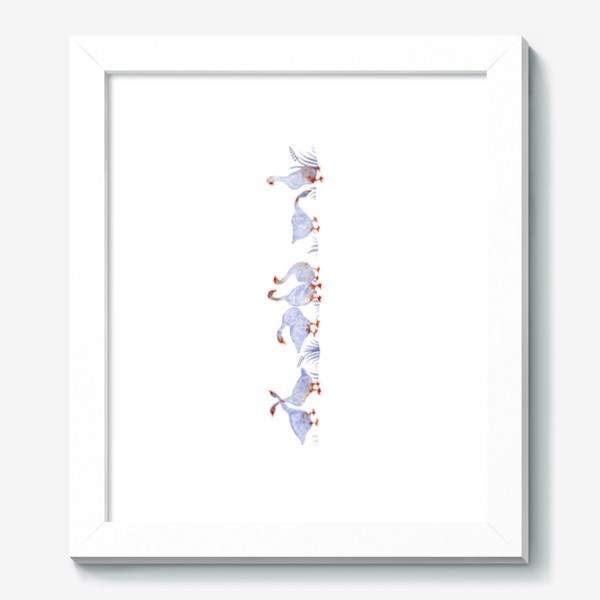Картина «Акварельная нарисованная вручную яркая иллюстрация с голубыми гусями, лебедями с красными лапами. Птицы в траве»