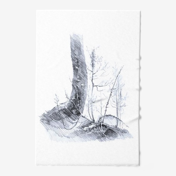 Полотенце &laquo;Нарисованная вручную карандашом лесная иллюстрация, ствол дерева. куст можжевельника, ветки, корни, кочка&raquo;