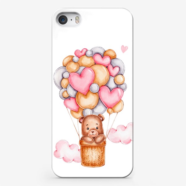 Чехол iPhone «Мишка летит на воздушном шаре с сердечками. С Днем всех влюбленных!»